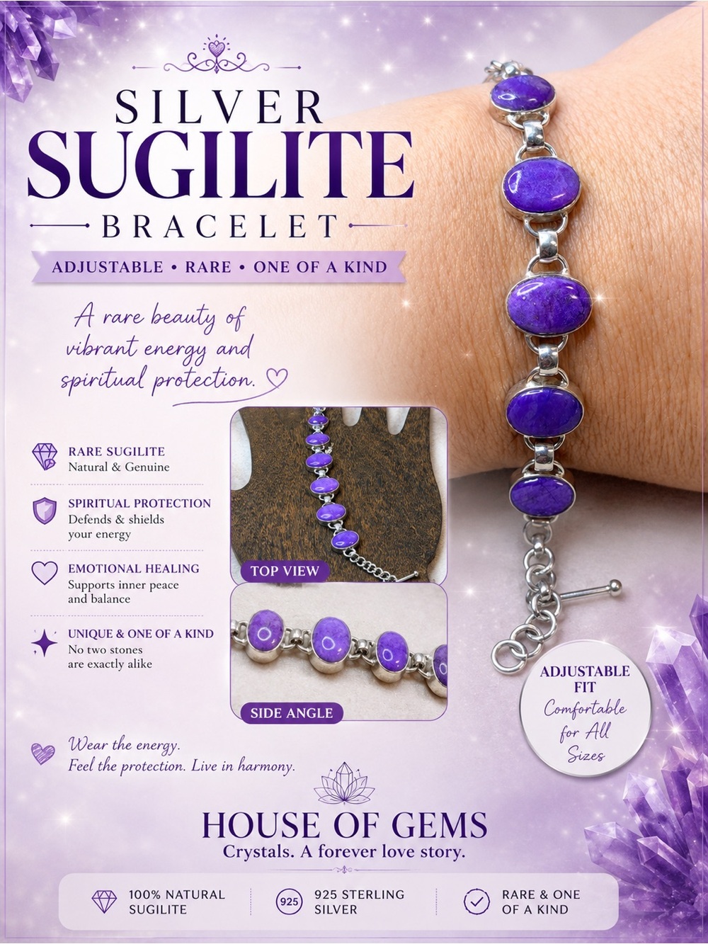 Silver Sugilite Bracelet - Purple Adjustable Bracelet Rare